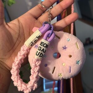 Pink Donut Keychain with Braided Strap